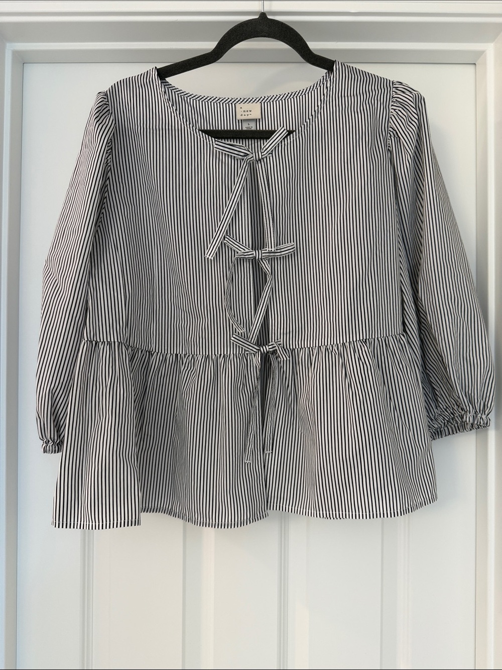 a new day Black & White Striped Tie-Front Peplum Blouse